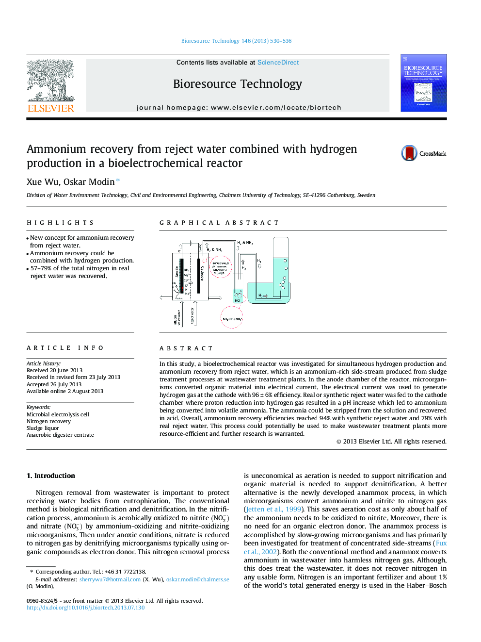 Ammonium recovery from reject water combined with hydrogen production in a bioelectrochemical reactor