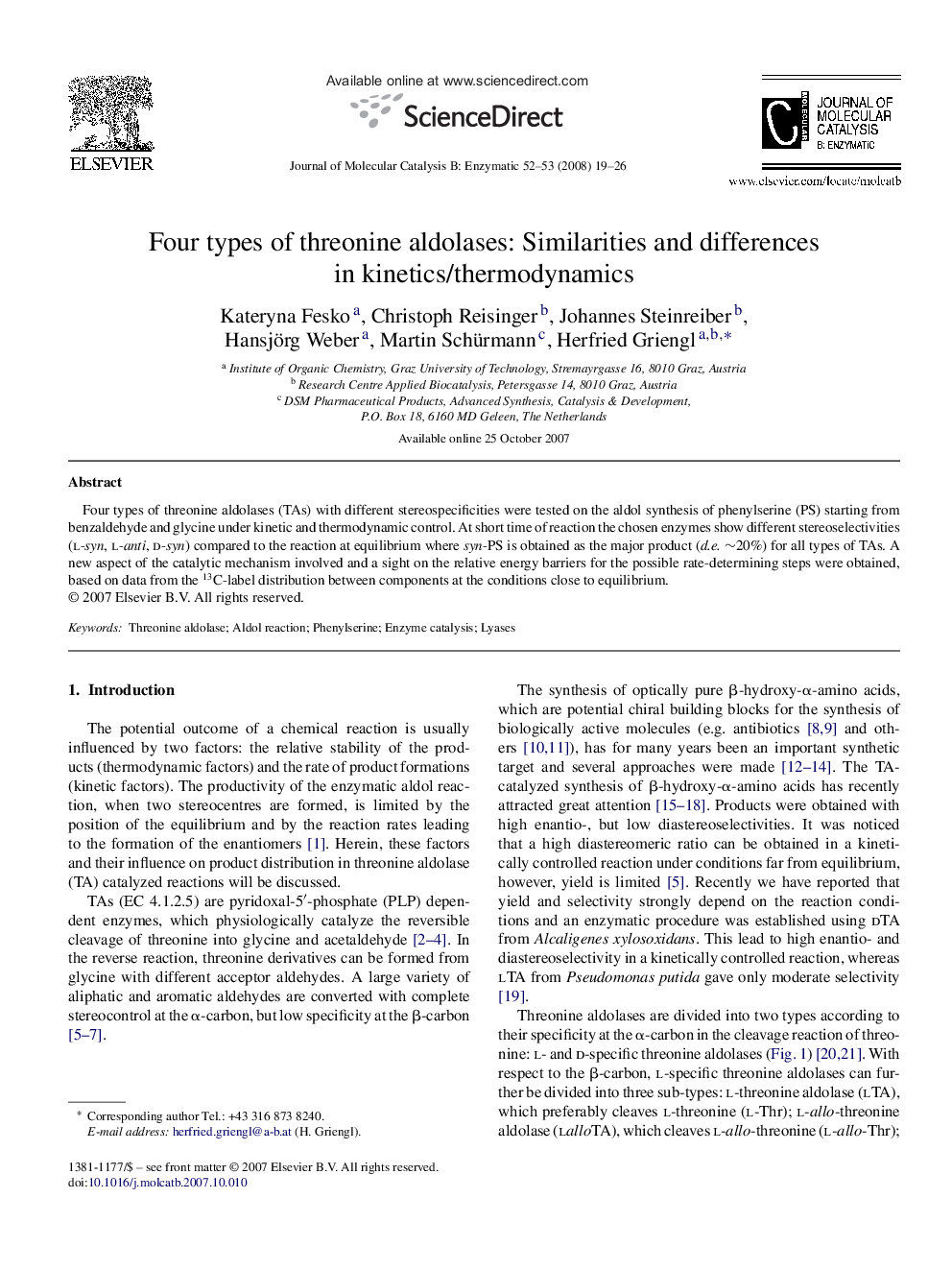 Four types of threonine aldolases: Similarities and differences in kinetics/thermodynamics