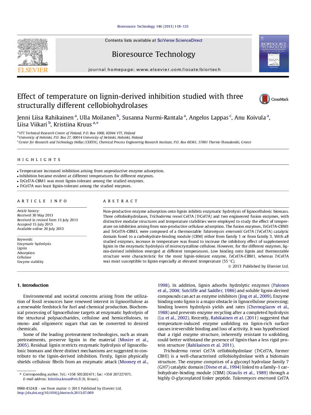 Effect of temperature on lignin-derived inhibition studied with three structurally different cellobiohydrolases