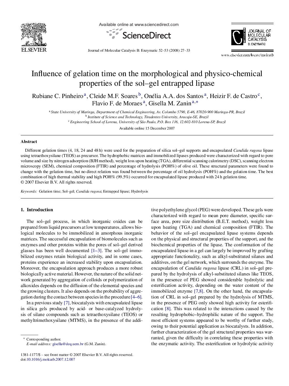 Influence of gelation time on the morphological and physico-chemical properties of the sol–gel entrapped lipase