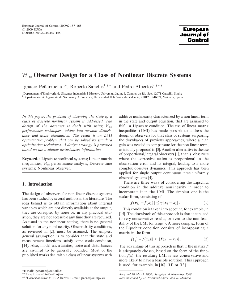 H∞ Observer Design for a Class of Nonlinear Discrete Systems