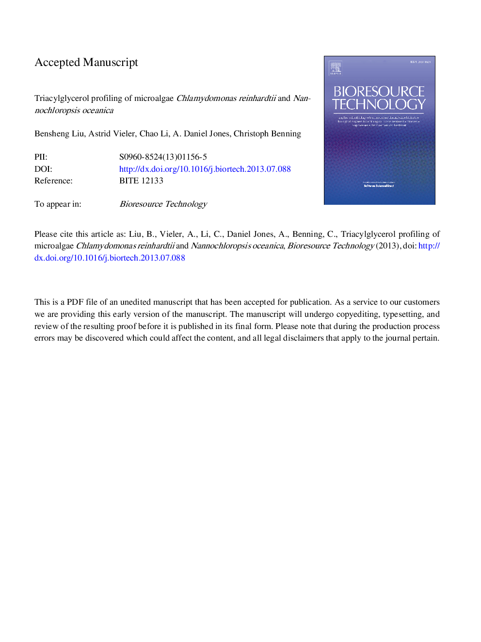 Triacylglycerol profiling of microalgae Chlamydomonas reinhardtii and Nannochloropsis oceanica