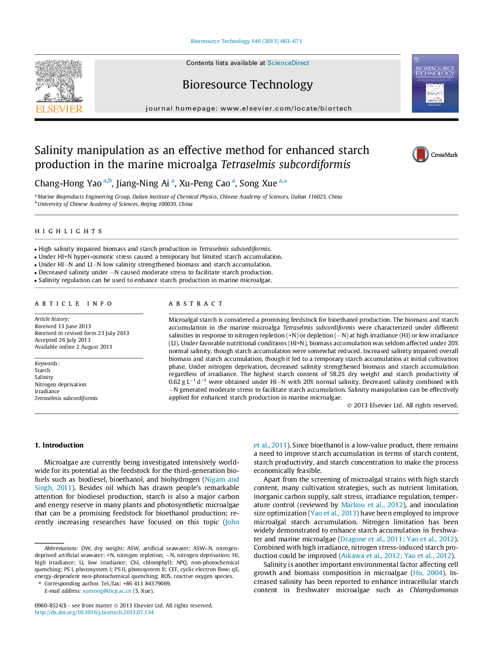 Salinity manipulation as an effective method for enhanced starch production in the marine microalga Tetraselmis subcordiformis