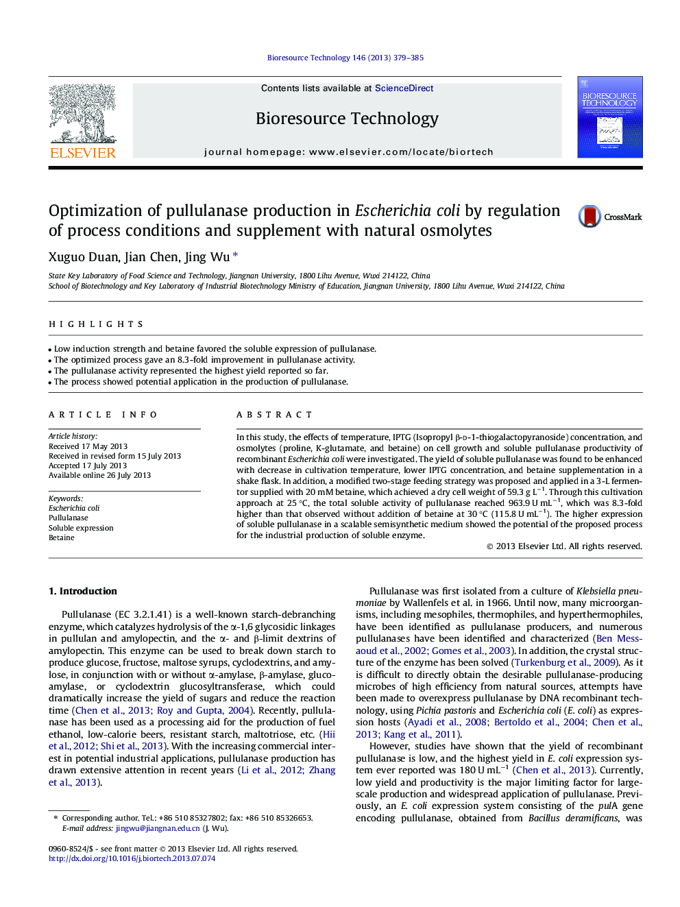 Optimization of pullulanase production in Escherichia coli by regulation of process conditions and supplement with natural osmolytes