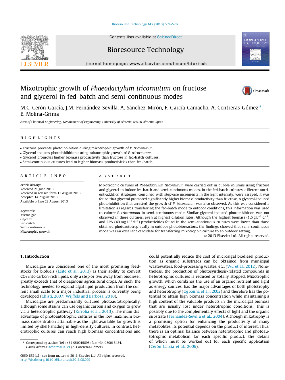 Mixotrophic growth of Phaeodactylum tricornutum on fructose and glycerol in fed-batch and semi-continuous modes