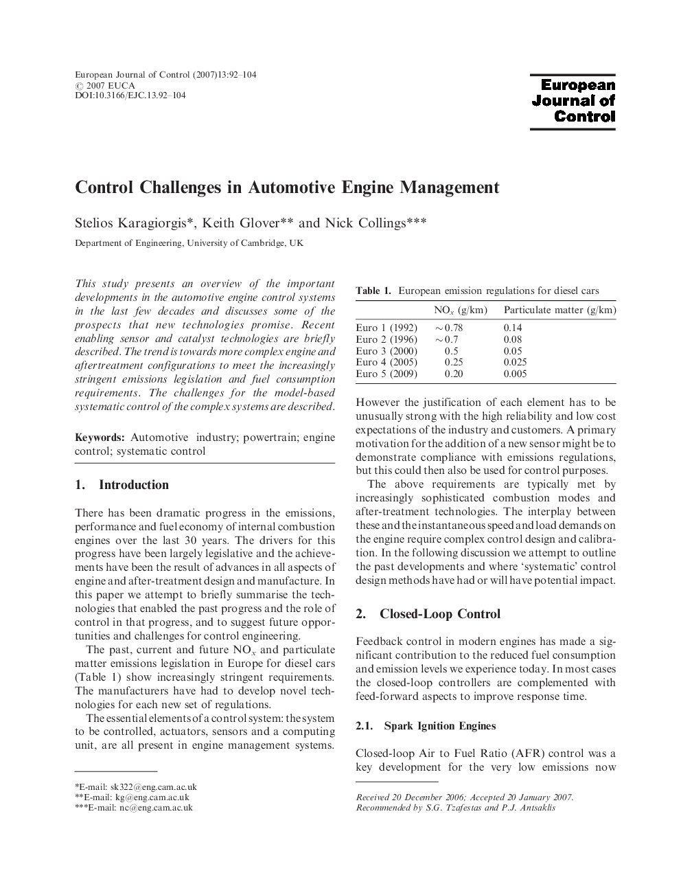 Control Challenges in Automotive Engine Management