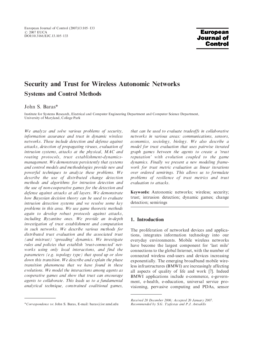 Security and Trust for Wireless Autonomic Networks Systems and Control Methods