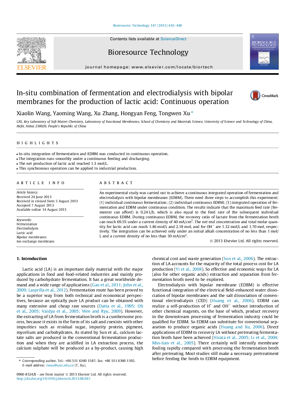 In-situ combination of fermentation and electrodialysis with bipolar membranes for the production of lactic acid: Continuous operation