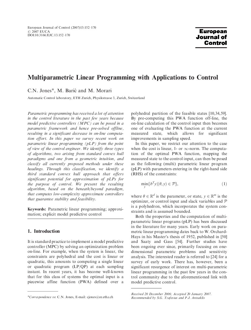 Multiparametric Linear Programming with Applications to Control