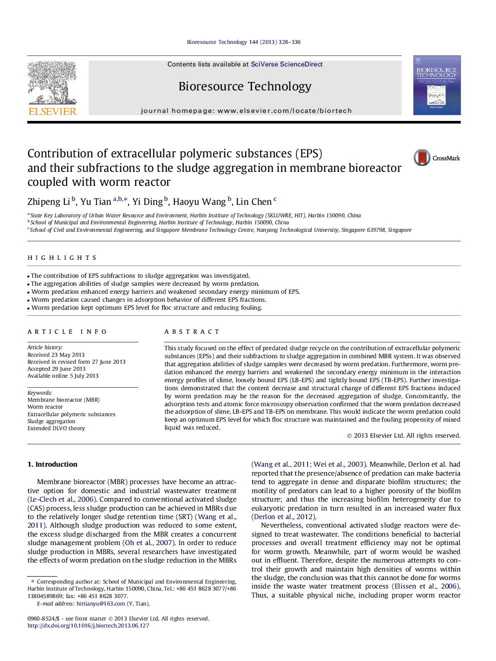 Contribution of extracellular polymeric substances (EPS) and their subfractions to the sludge aggregation in membrane bioreactor coupled with worm reactor