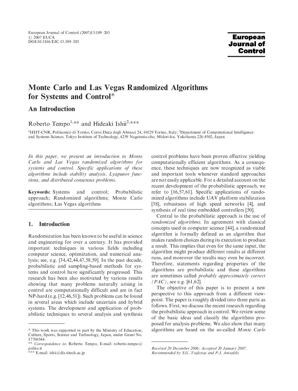 Monte Carlo and Las Vegas Randomized Algorithms for Systems and Control*: An Introduction *