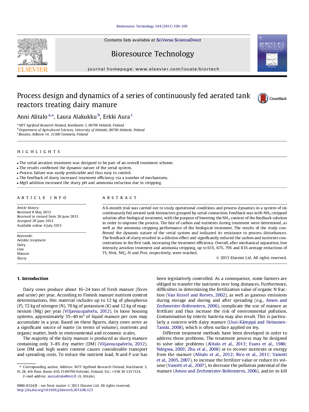 Process design and dynamics of a series of continuously fed aerated tank reactors treating dairy manure