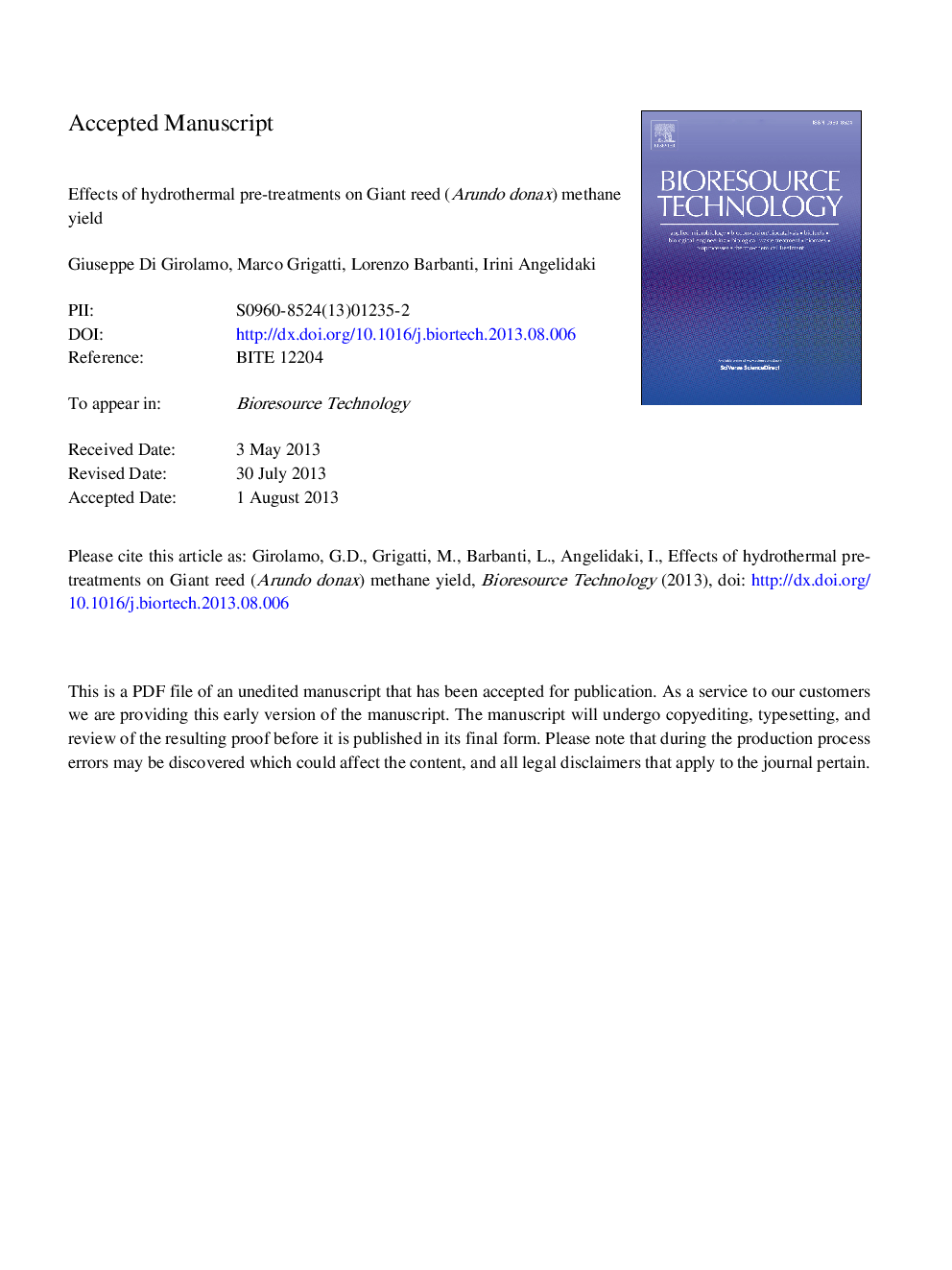 Effects of hydrothermal pre-treatments on Giant reed (Arundo donax) methane yield