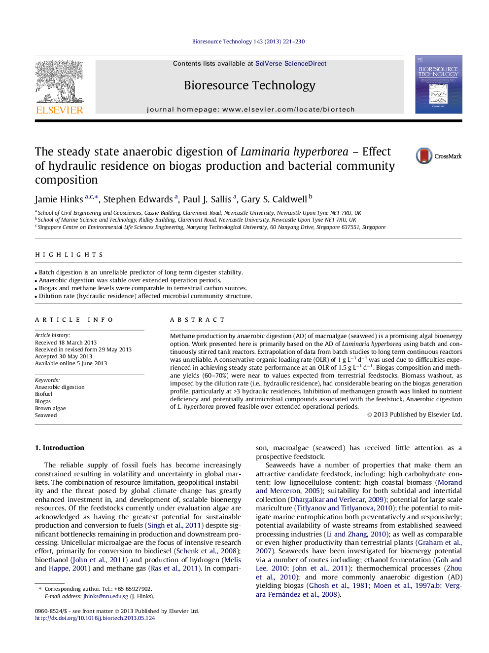 The steady state anaerobic digestion of Laminaria hyperborea - Effect of hydraulic residence on biogas production and bacterial community composition