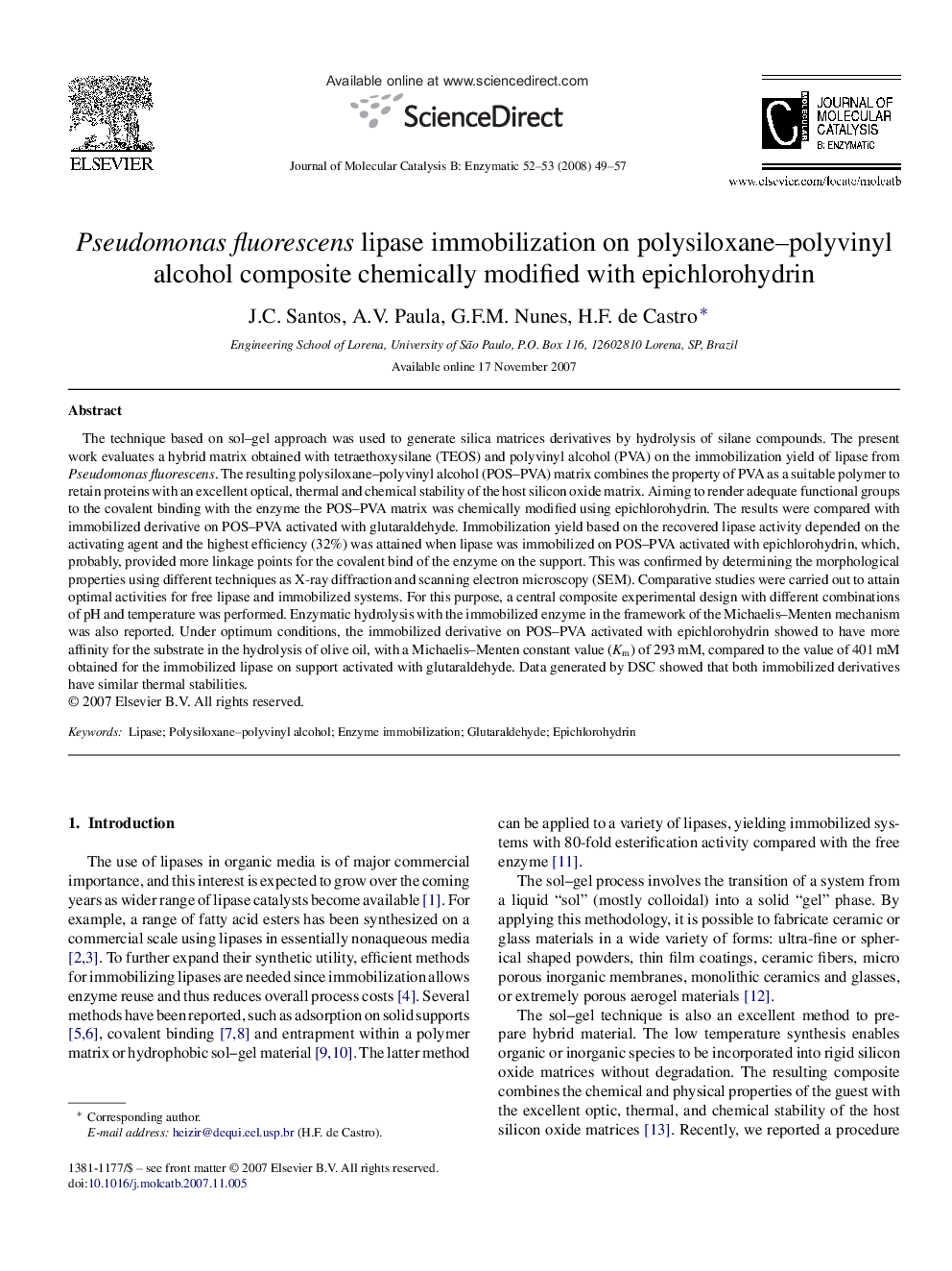 عکس صفحه اول مقاله: Pseudomonas fluorescens lipase immobilization on polysiloxane–polyvinyl alcohol composite chemically modified with epichlorohydrin Pseudomonas fluorescens lipase immobilization on polysiloxane–polyvinyl alcohol composite chemically modified with epichlorohydrin
