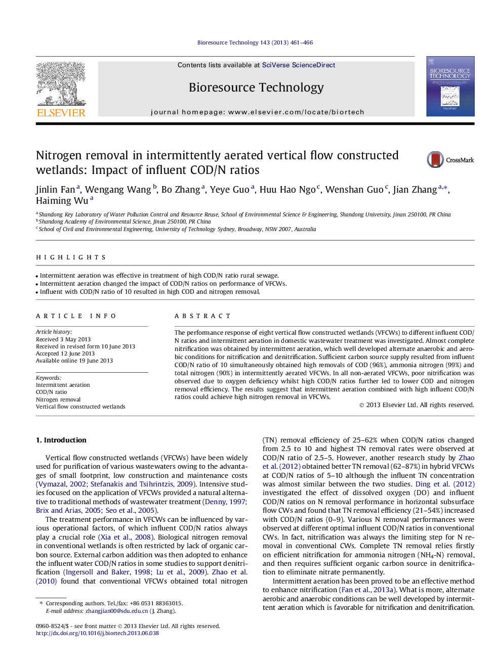عکس صفحه اول مقاله: Nitrogen removal in intermittently aerated vertical flow constructed wetlands: Impact of influent COD/N ratios Nitrogen removal in intermittently aerated vertical flow constructed wetlands: Impact of influent COD/N ratios