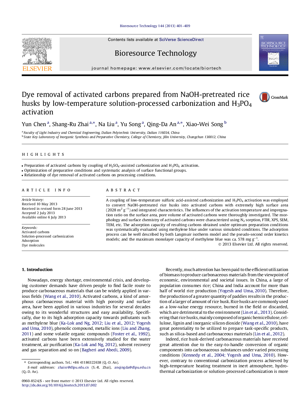 Dye removal of activated carbons prepared from NaOH-pretreated rice husks by low-temperature solution-processed carbonization and H3PO4 activation