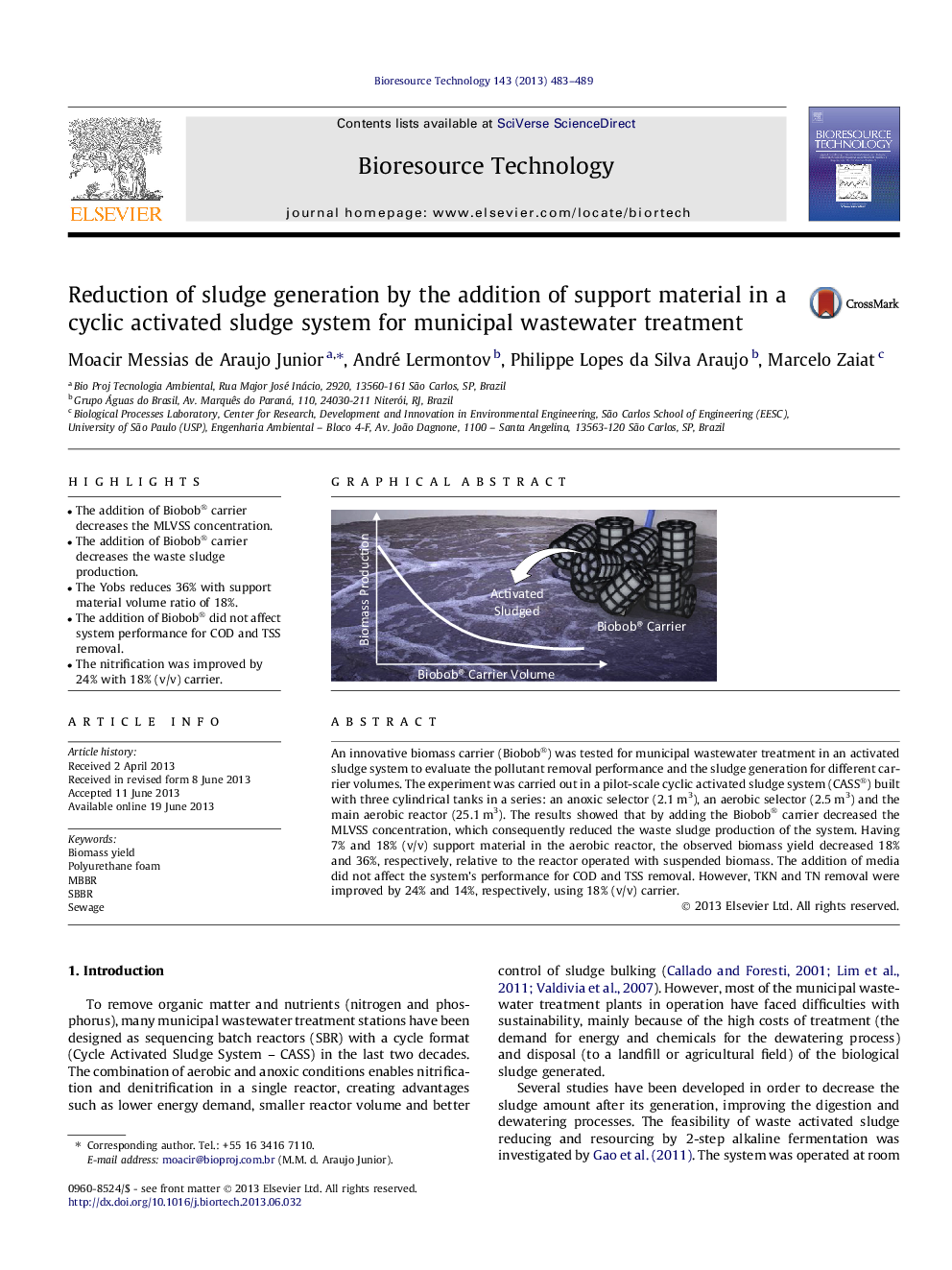 Reduction of sludge generation by the addition of support material in a cyclic activated sludge system for municipal wastewater treatment