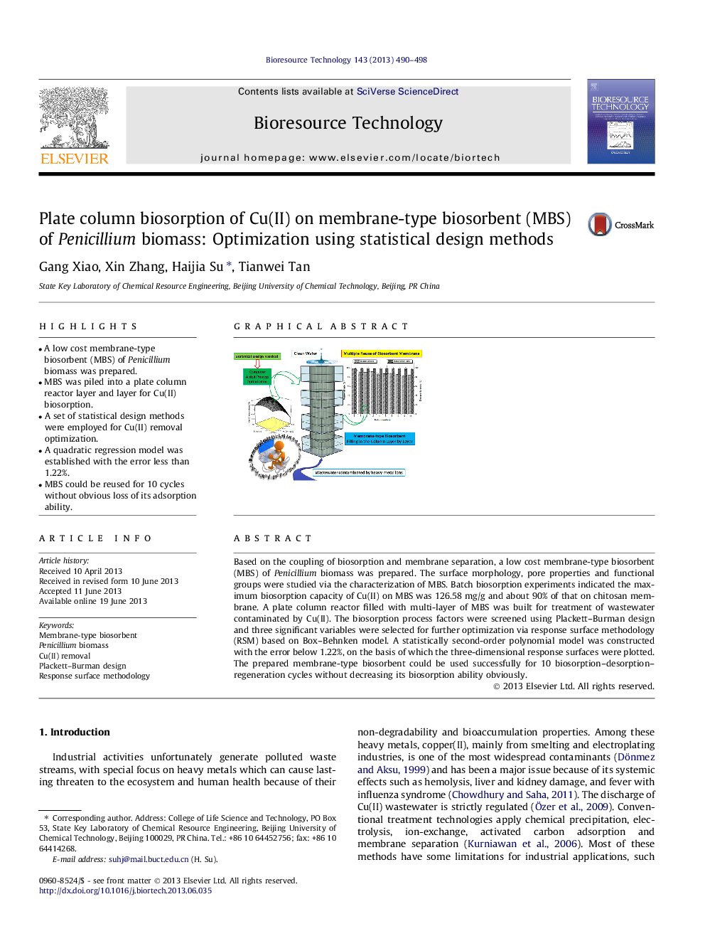 Plate column biosorption of Cu(II) on membrane-type biosorbent (MBS) of Penicillium biomass: Optimization using statistical design methods