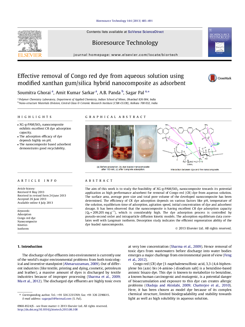 Effective removal of Congo red dye from aqueous solution using modified xanthan gum/silica hybrid nanocomposite as adsorbent