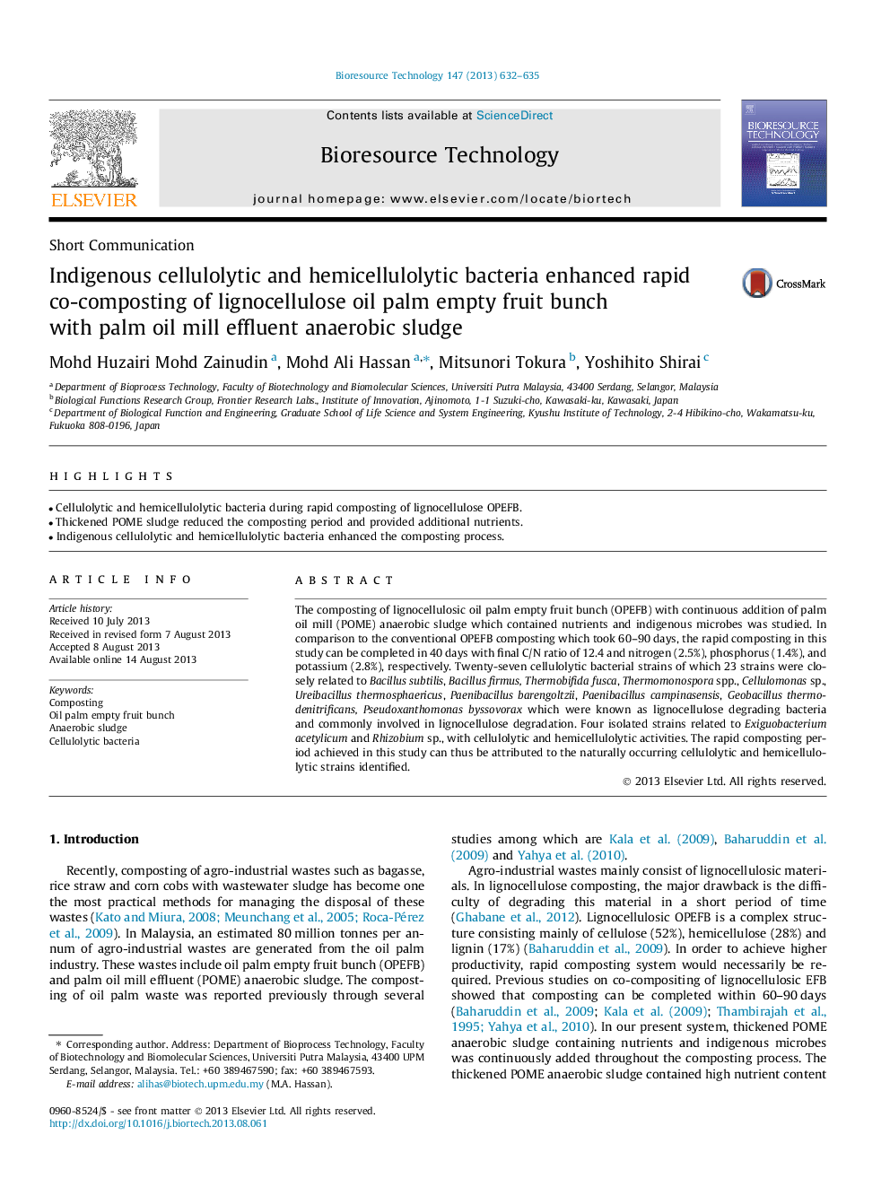 عکس صفحه اول مقاله: Indigenous cellulolytic and hemicellulolytic bacteria enhanced rapid co-composting of lignocellulose oil palm empty fruit bunch with palm oil mill effluent anaerobic sludge Indigenous cellulolytic and hemicellulolytic bacteria enhanced rapid co-composting of lignocellulose oil palm empty fruit bunch with palm oil mill effluent anaerobic sludge