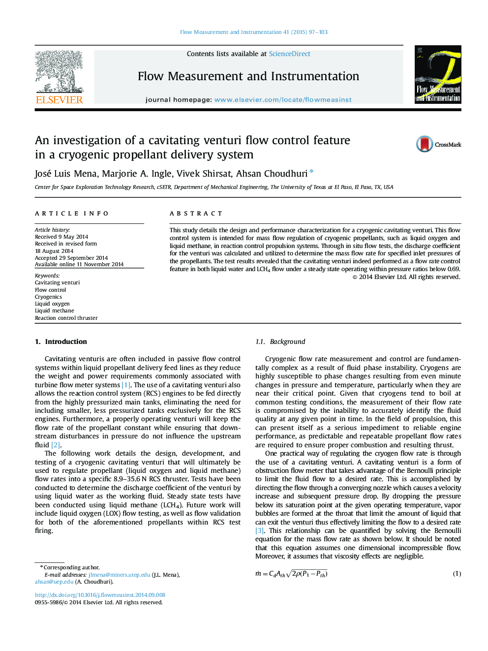 An investigation of a cavitating venturi flow control feature in a cryogenic propellant delivery system