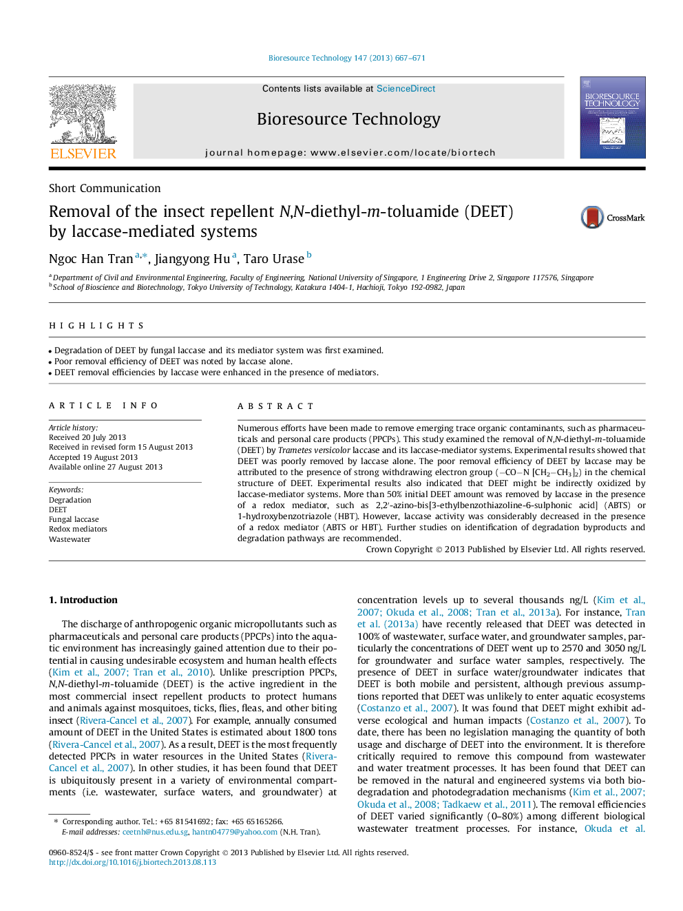 Removal of the insect repellent N,N-diethyl-m-toluamide (DEET) by laccase-mediated systems