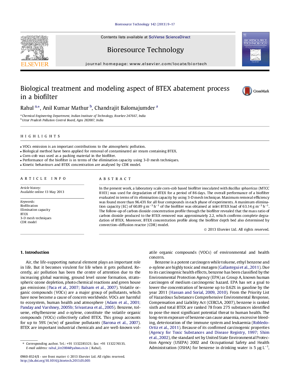 Biological treatment and modeling aspect of BTEX abatement process in a biofilter