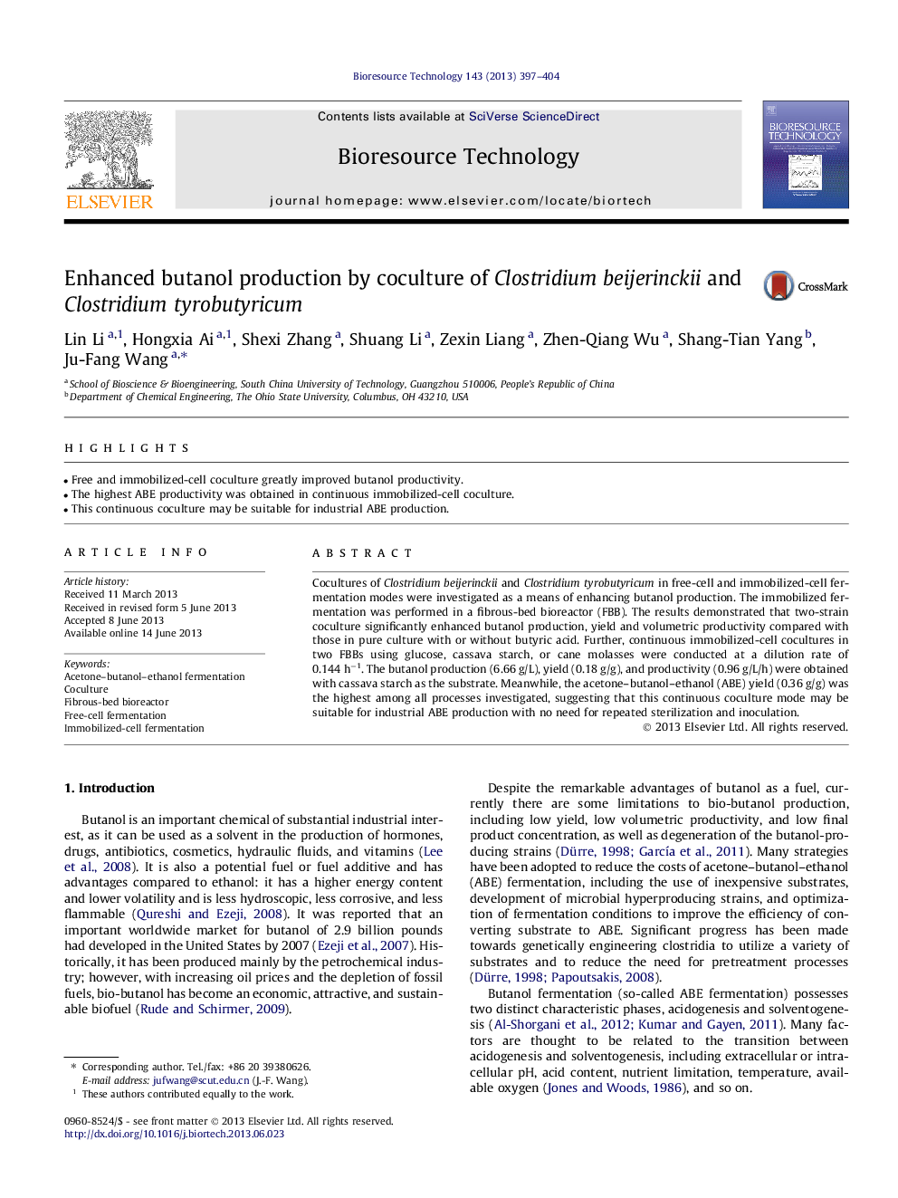 Enhanced butanol production by coculture of Clostridium beijerinckii and Clostridium tyrobutyricum