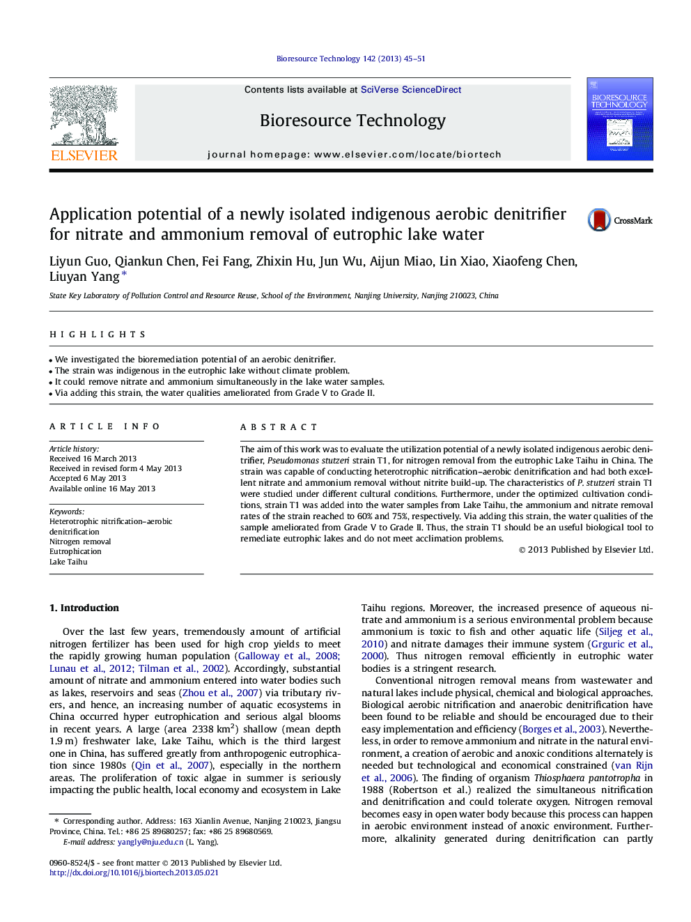Application potential of a newly isolated indigenous aerobic denitrifier for nitrate and ammonium removal of eutrophic lake water