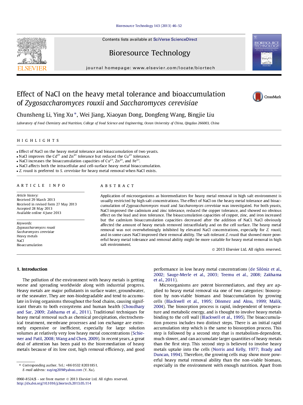 Effect of NaCl on the heavy metal tolerance and bioaccumulation of Zygosaccharomyces rouxii and Saccharomyces cerevisiae