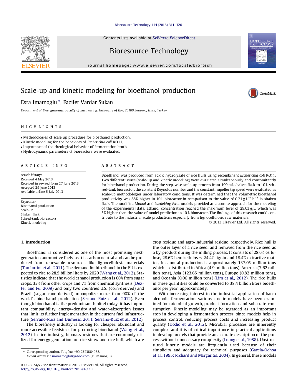 Scale-up and kinetic modeling for bioethanol production