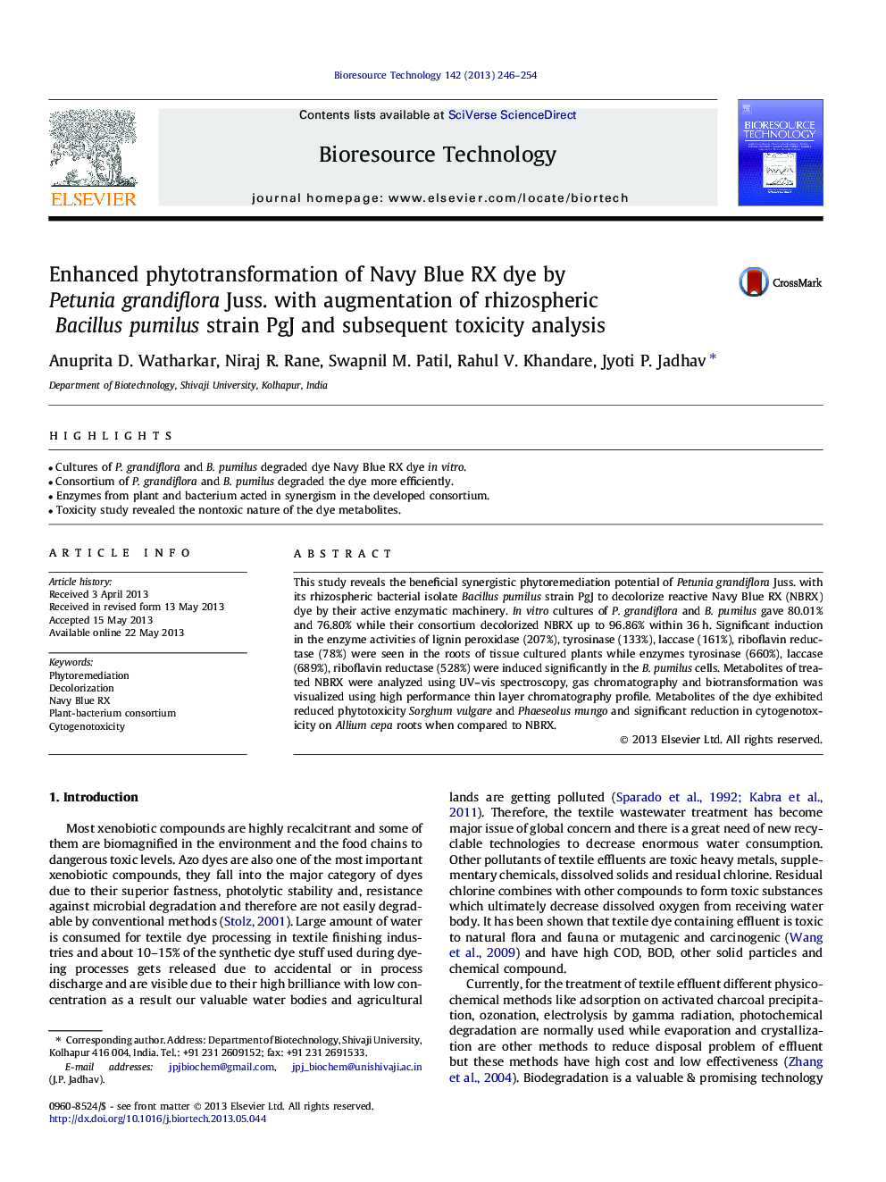 عکس صفحه اول مقاله: Enhanced phytotransformation of Navy Blue RX dye by Petunia grandiflora Juss. with augmentation of rhizospheric Bacillus pumilus strain PgJ and subsequent toxicity analysis Enhanced phytotransformation of Navy Blue RX dye by Petunia grandiflora Juss. with augmentation of rhizospheric Bacillus pumilus strain PgJ and subsequent toxicity analysis