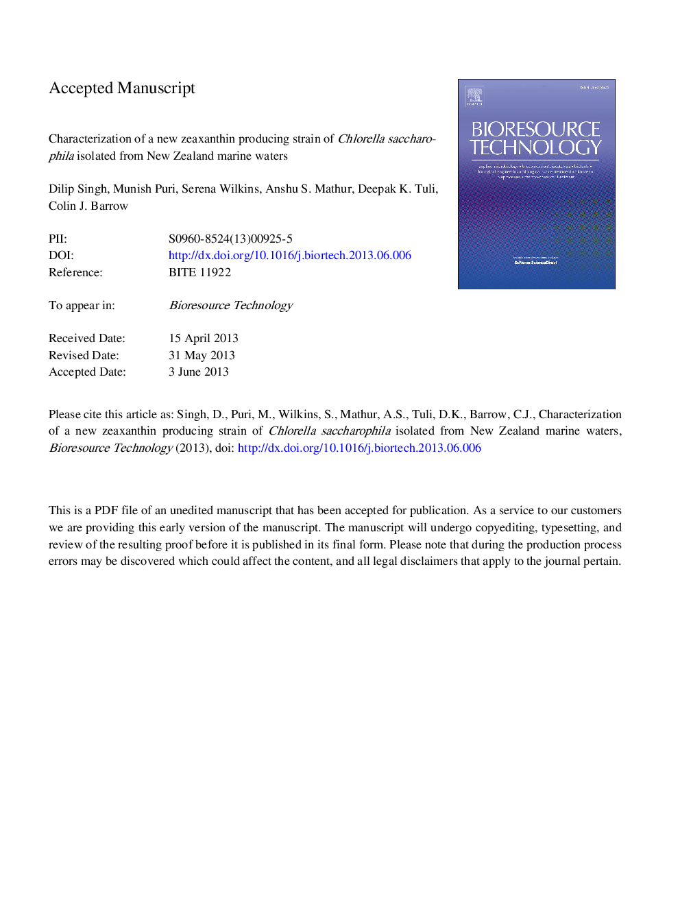 Characterization of a new zeaxanthin producing strain of Chlorella saccharophila isolated from New Zealand marine waters