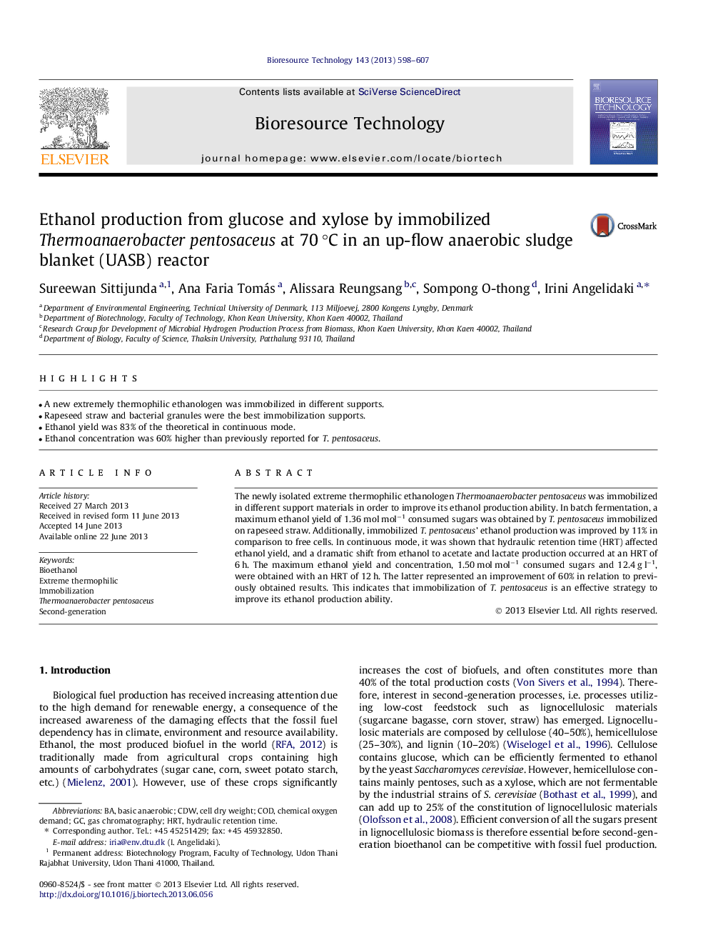 Ethanol production from glucose and xylose by immobilized Thermoanaerobacter pentosaceus at 70Â Â°C in an up-flow anaerobic sludge blanket (UASB) reactor