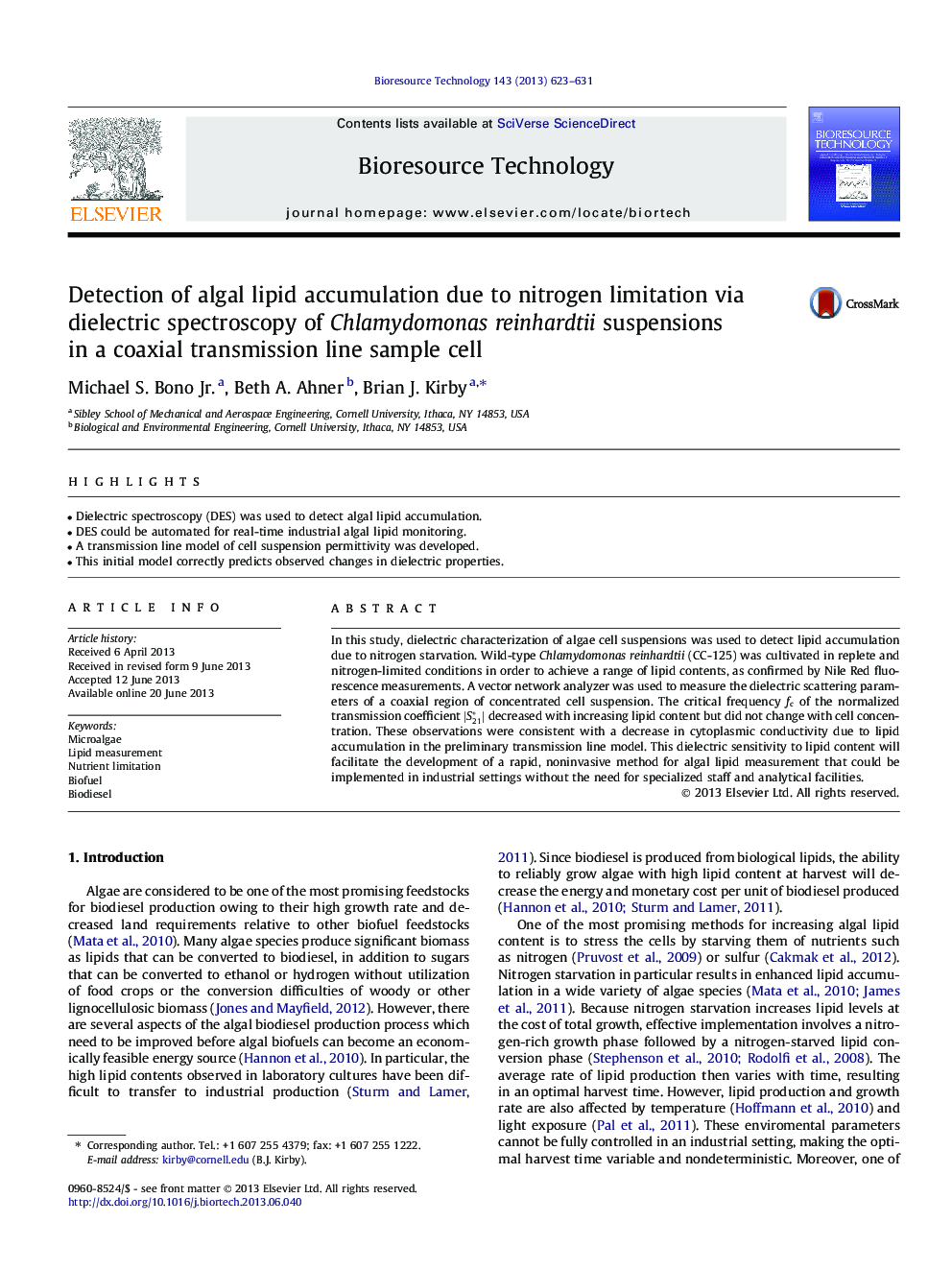 Detection of algal lipid accumulation due to nitrogen limitation via dielectric spectroscopy of Chlamydomonas reinhardtii suspensions in a coaxial transmission line sample cell