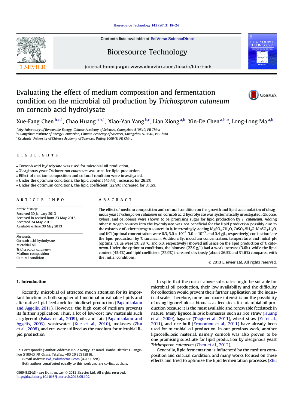 Evaluating the effect of medium composition and fermentation condition on the microbial oil production by Trichosporon cutaneum on corncob acid hydrolysate