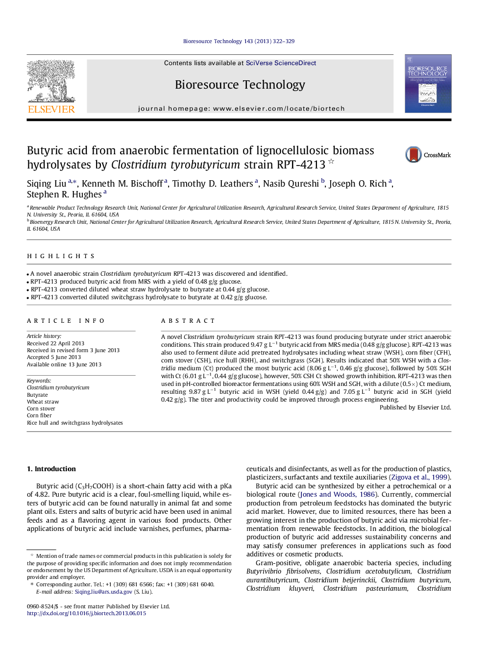 Butyric acid from anaerobic fermentation of lignocellulosic biomass hydrolysates by Clostridium tyrobutyricum strain RPT-4213