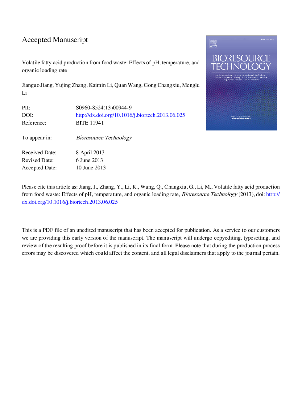 عکس صفحه اول مقاله: Volatile fatty acids production from food waste: Effects of pH, temperature, and organic loading rate Volatile fatty acids production from food waste: Effects of pH, temperature, and organic loading rate