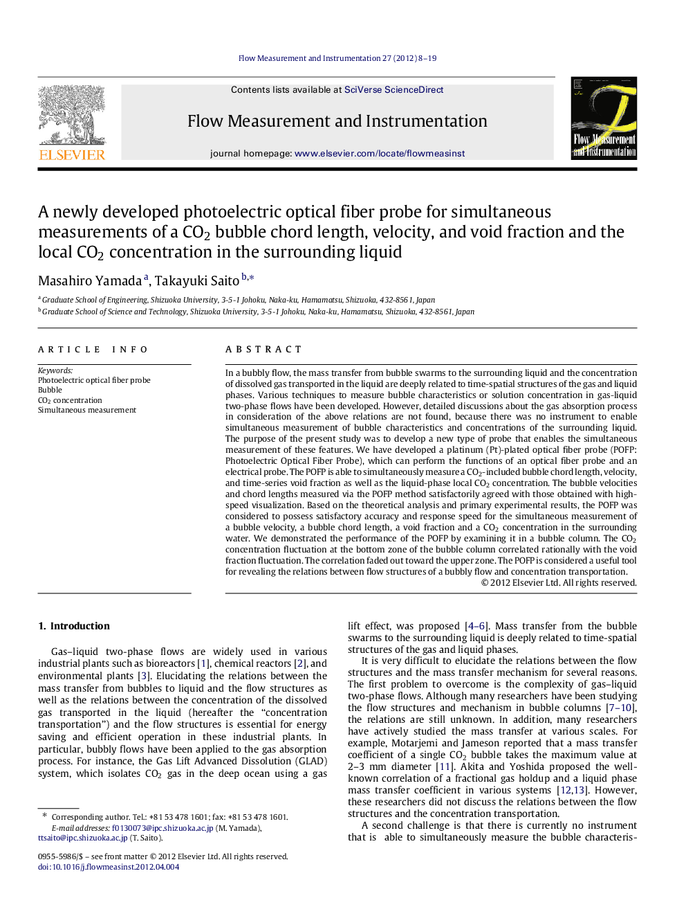 A newly developed photoelectric optical fiber probe for simultaneous measurements of a CO2 bubble chord length, velocity, and void fraction and the local CO2 concentration in the surrounding liquid