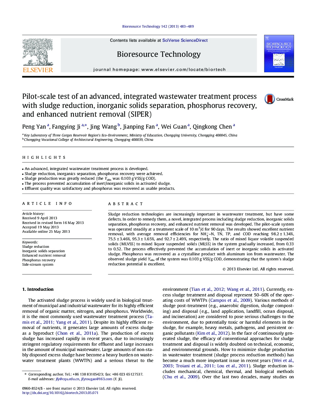 Pilot-scale test of an advanced, integrated wastewater treatment process with sludge reduction, inorganic solids separation, phosphorus recovery, and enhanced nutrient removal (SIPER)