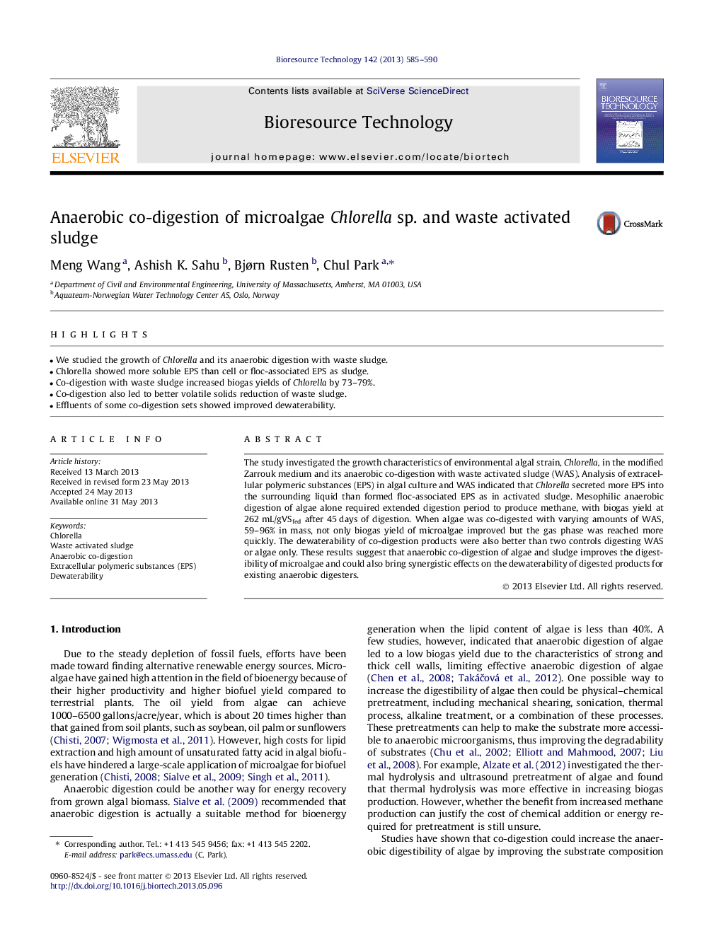 عکس صفحه اول مقاله: Anaerobic co-digestion of microalgae Chlorella sp. and waste activated sludge Anaerobic co-digestion of microalgae Chlorella sp. and waste activated sludge