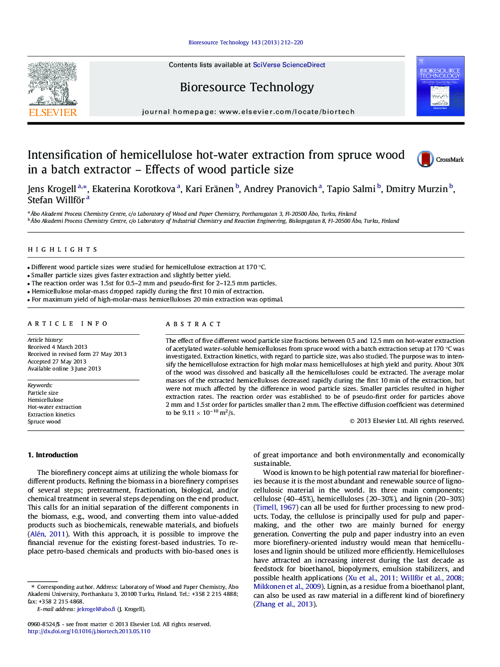 Intensification of hemicellulose hot-water extraction from spruce wood in a batch extractor - Effects of wood particle size