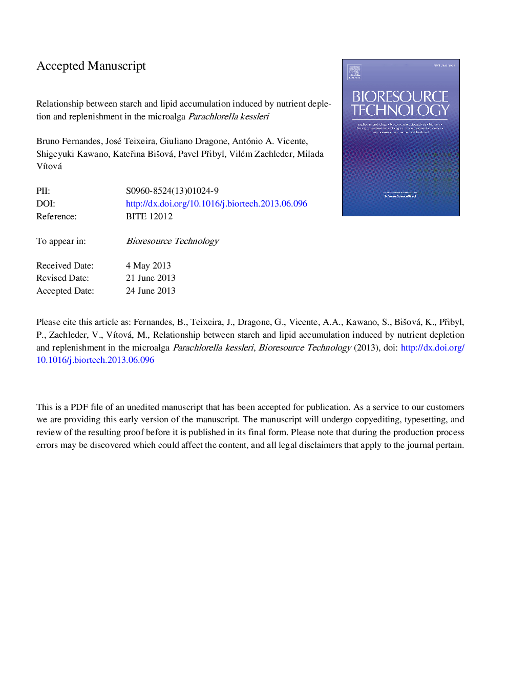 Relationship between starch and lipid accumulation induced by nutrient depletion and replenishment in the microalga Parachlorella kessleri