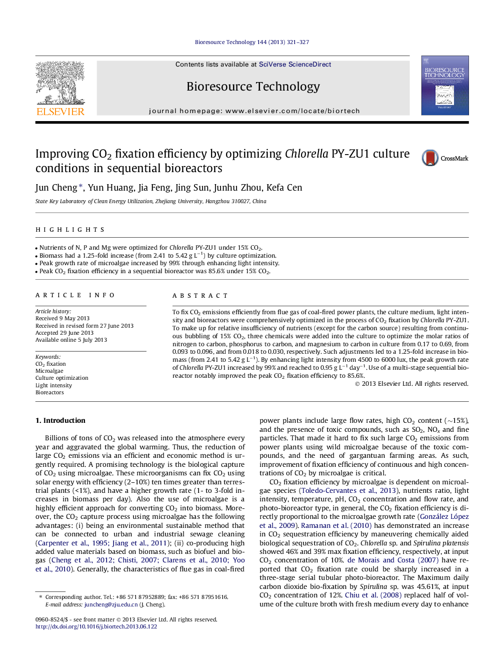 Improving CO2 fixation efficiency by optimizing Chlorella PY-ZU1 culture conditions in sequential bioreactors