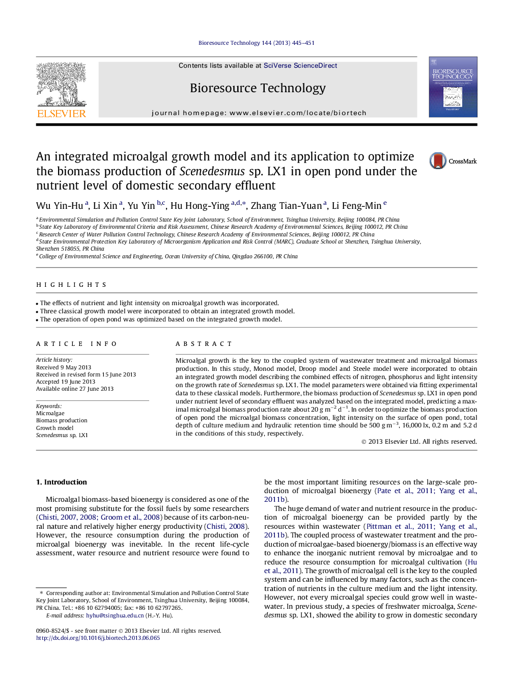 An integrated microalgal growth model and its application to optimize the biomass production of Scenedesmus sp. LX1 in open pond under the nutrient level of domestic secondary effluent