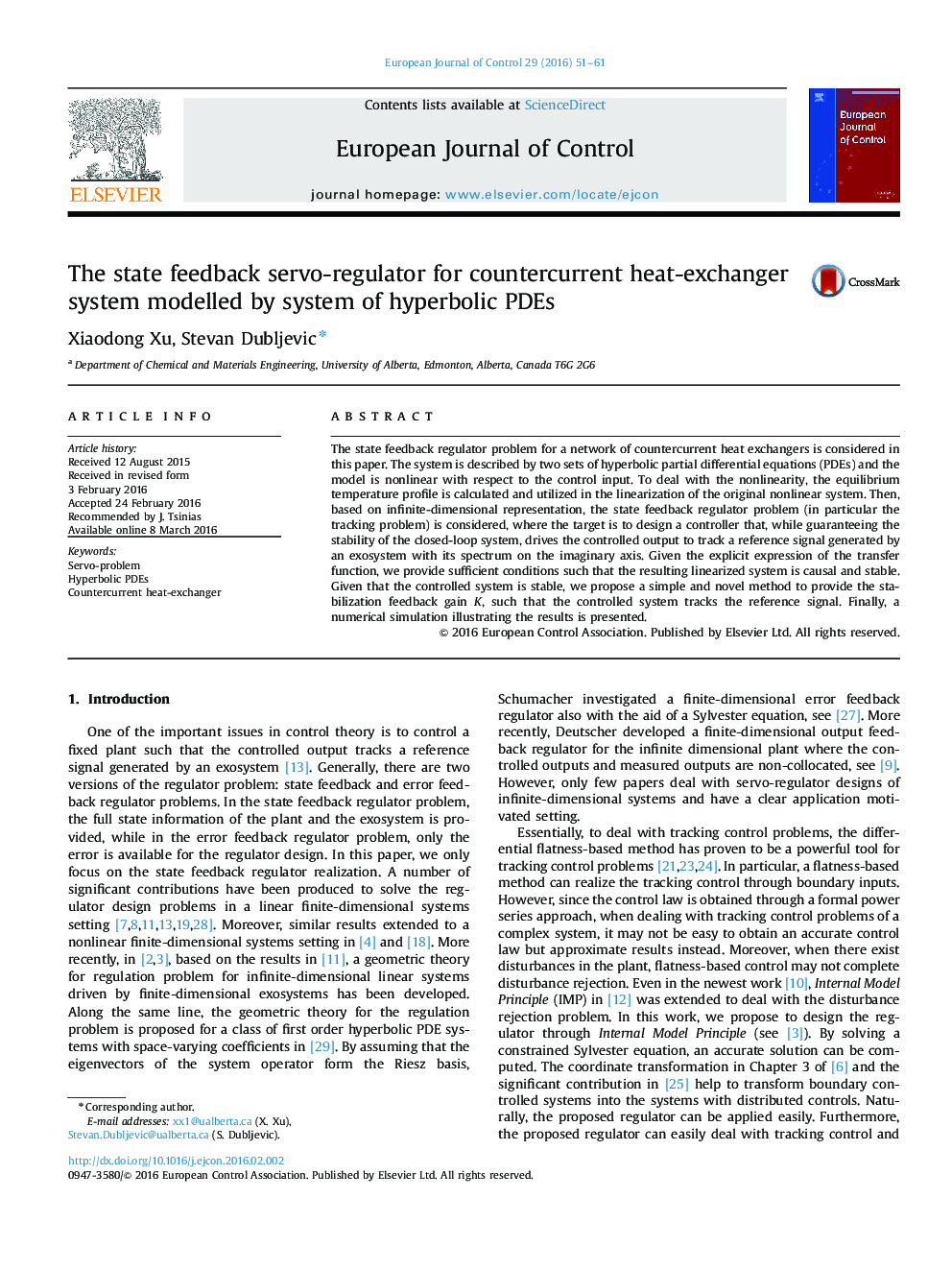 The state feedback servo-regulator for countercurrent heat-exchanger system modelled by system of hyperbolic PDEs