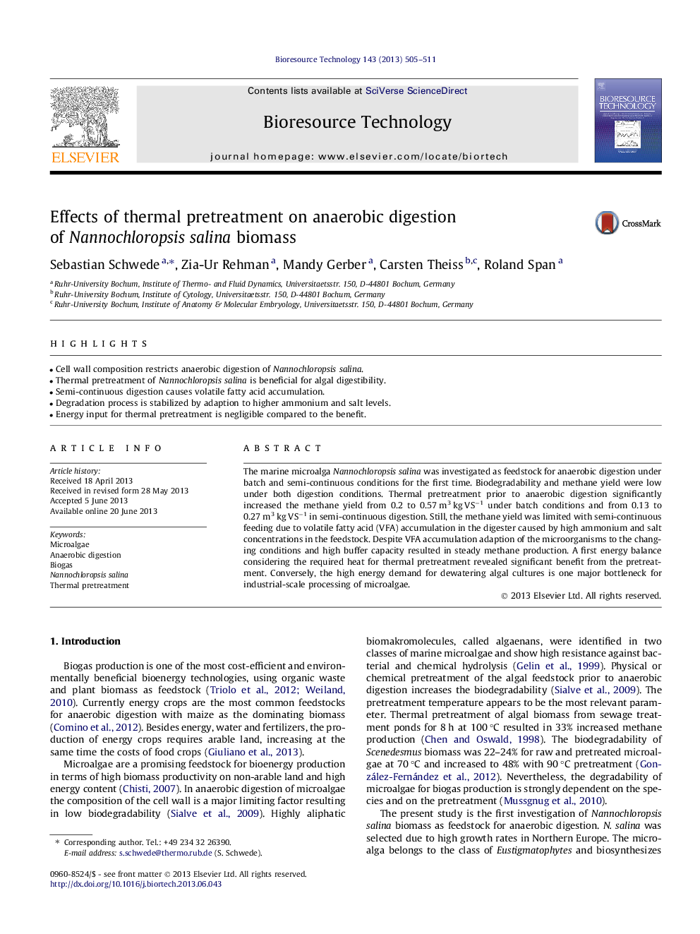 Effects of thermal pretreatment on anaerobic digestion of Nannochloropsis salina biomass