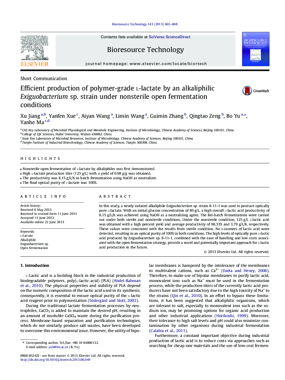 عکس صفحه اول مقاله: Efficient production of polymer-grade l-lactate by an alkaliphilic Exiguobacterium sp. strain under nonsterile open fermentation conditions Efficient production of polymer-grade l-lactate by an alkaliphilic Exiguobacterium sp. strain under nonsterile open fermentation conditions