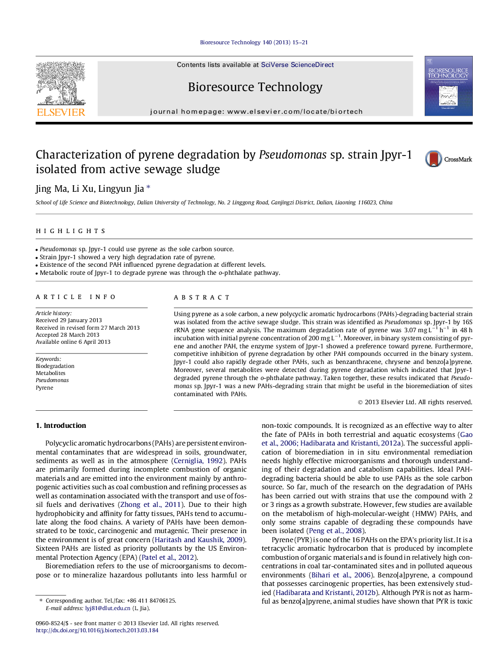 Characterization of pyrene degradation by Pseudomonas sp. strain Jpyr-1 isolated from active sewage sludge